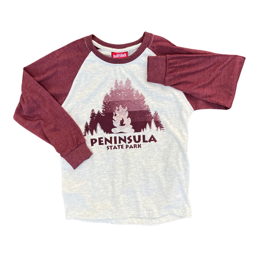 Peninsula State Park Shaded Pines Youth Long Sleeve T-shirt Oatmeal Burgundy