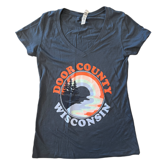 Door County Wisconsin Circle Reflection Lake Women's V Neck T-shirt Indigo