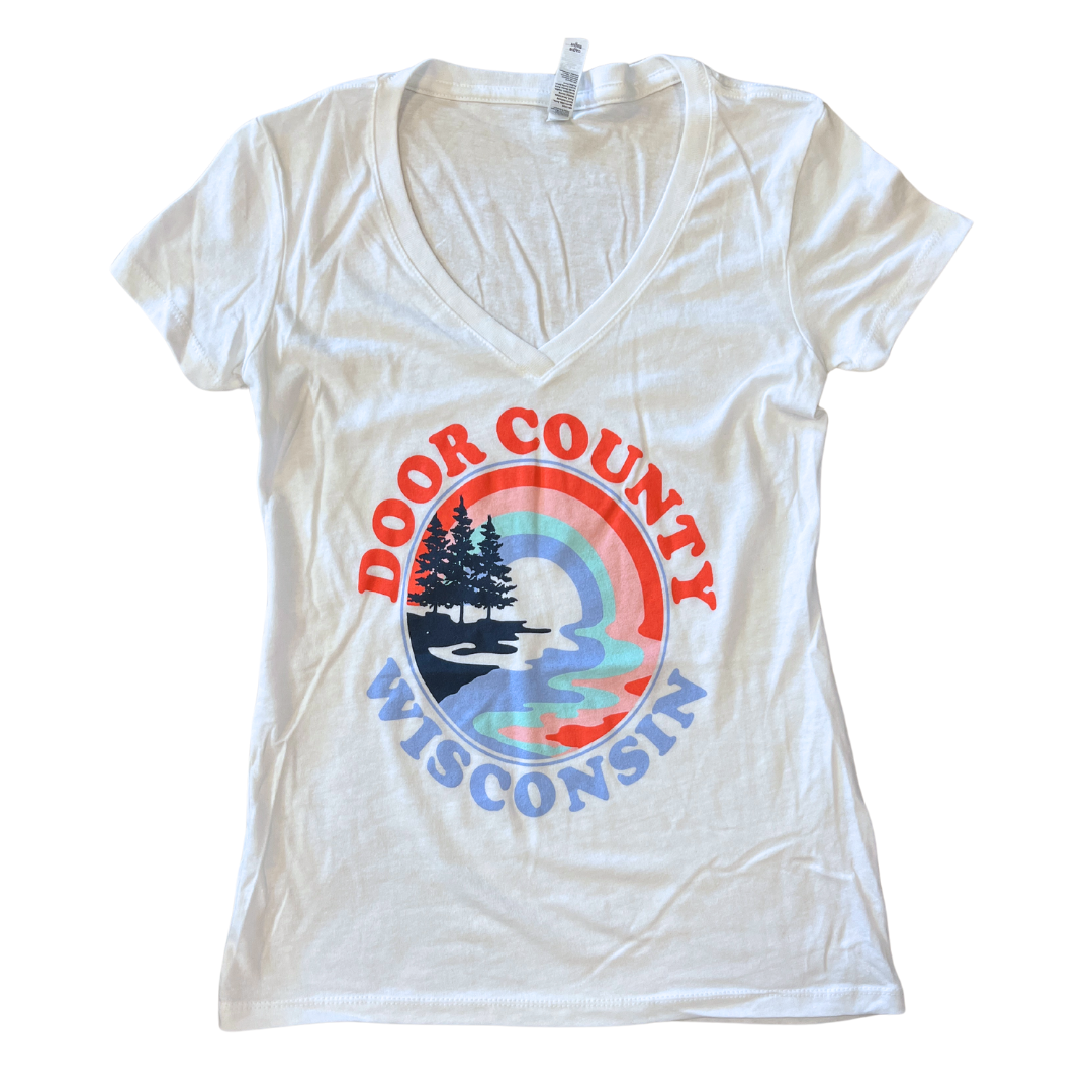 Door County Wisconsin Circle Reflection Lake Women's V Neck T-shirt White