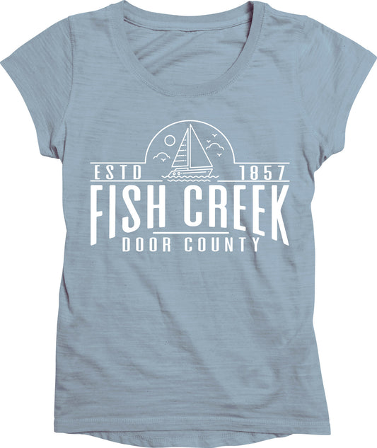 Fish Creek Half Circle Sailboat Clay Blue Women's Tshirt