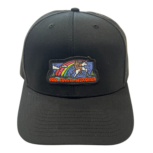 Door County Rainbow Unicorn Bigfoot Black Trucker Hat